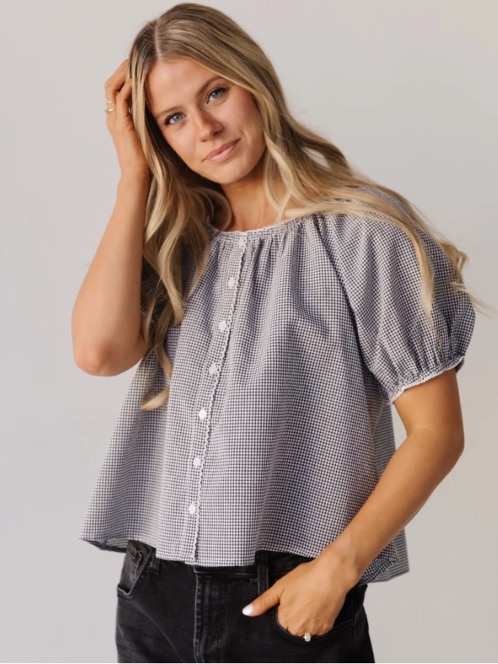 Thinks Between Black & White Gingham Puff-Sleeve Blouse